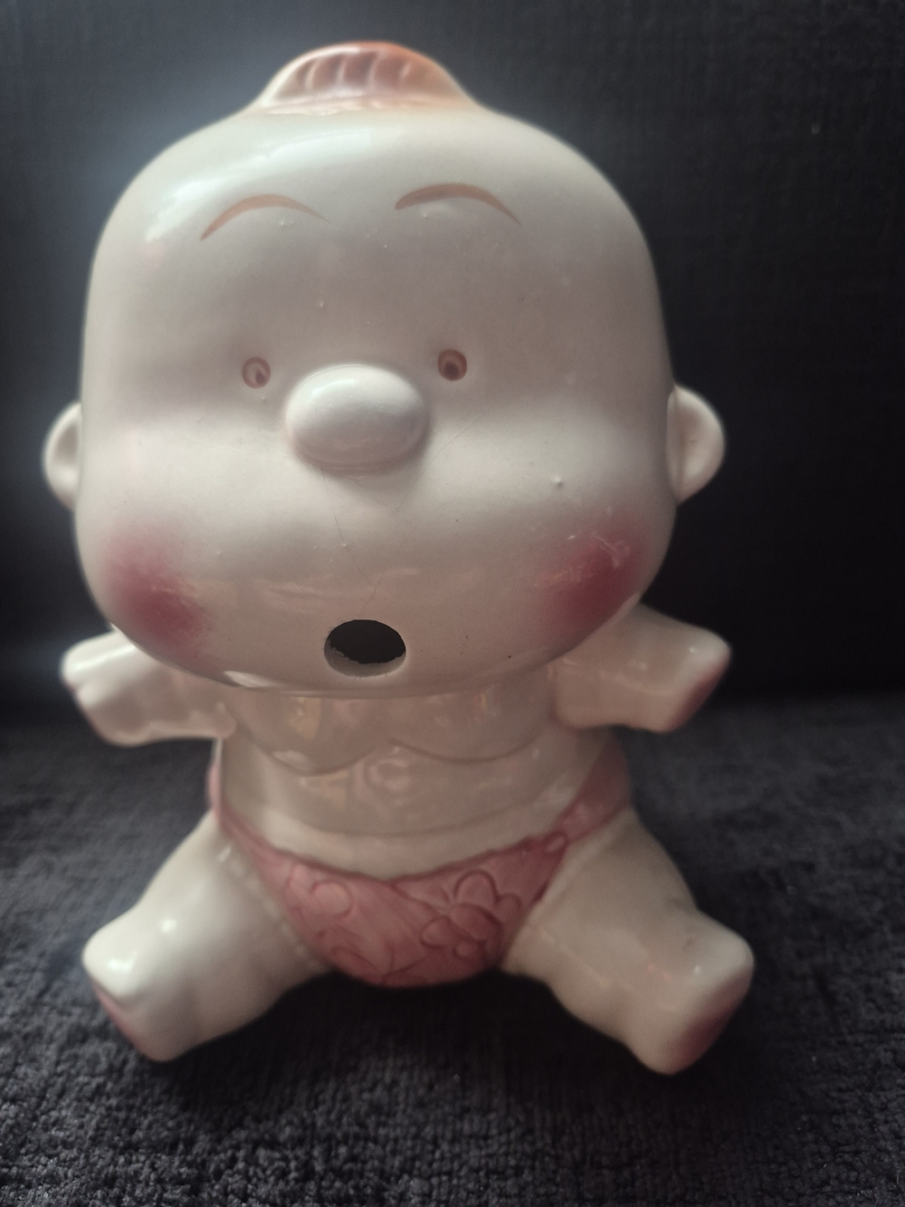 Vintage Ceramic Baby Figurine Coin Holder with Pink Accents